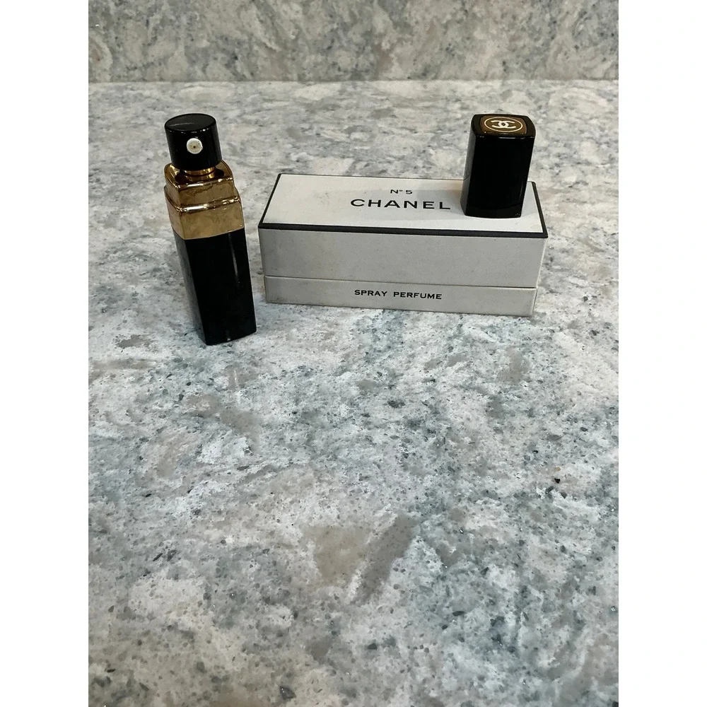 Chanel Spray Perfume No 5 Vintage Black Gold Refillable Atomizer Case with Box